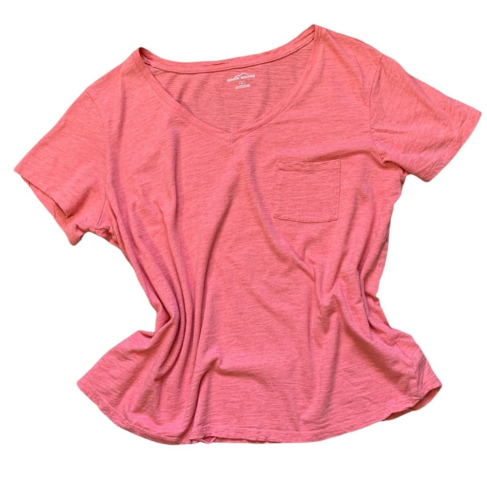 Eddie Bauer Favorite Short Sleeve V-Neck Pocket Tee Womens XL Pink 203D